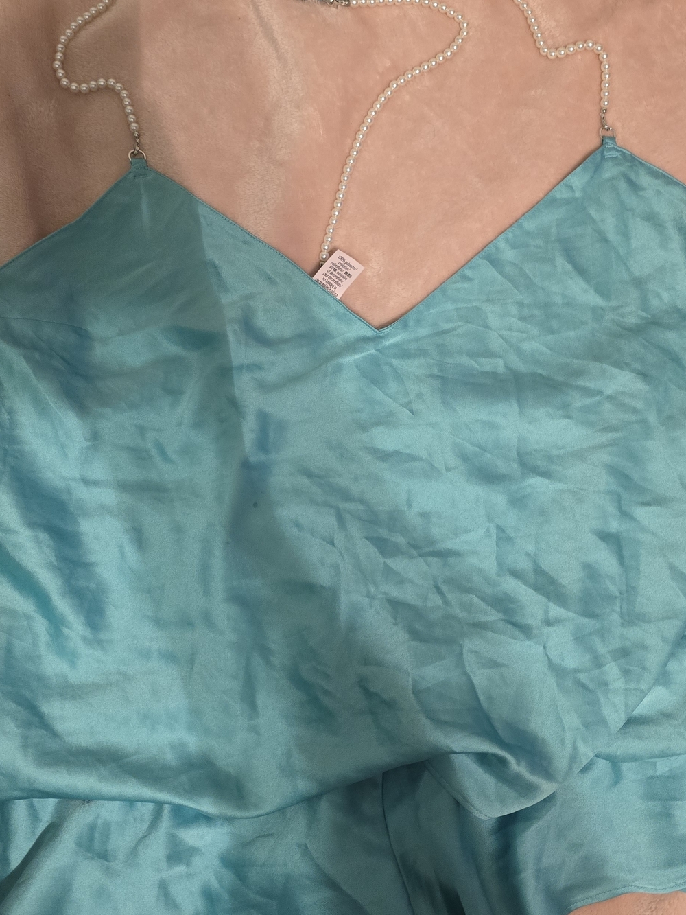 Victoria's Secret Turquoise Satin Cami with Pearl Straps